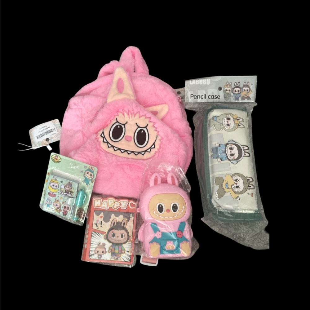 Little Monsters Labubu Pink Plush Backpack + Accessories